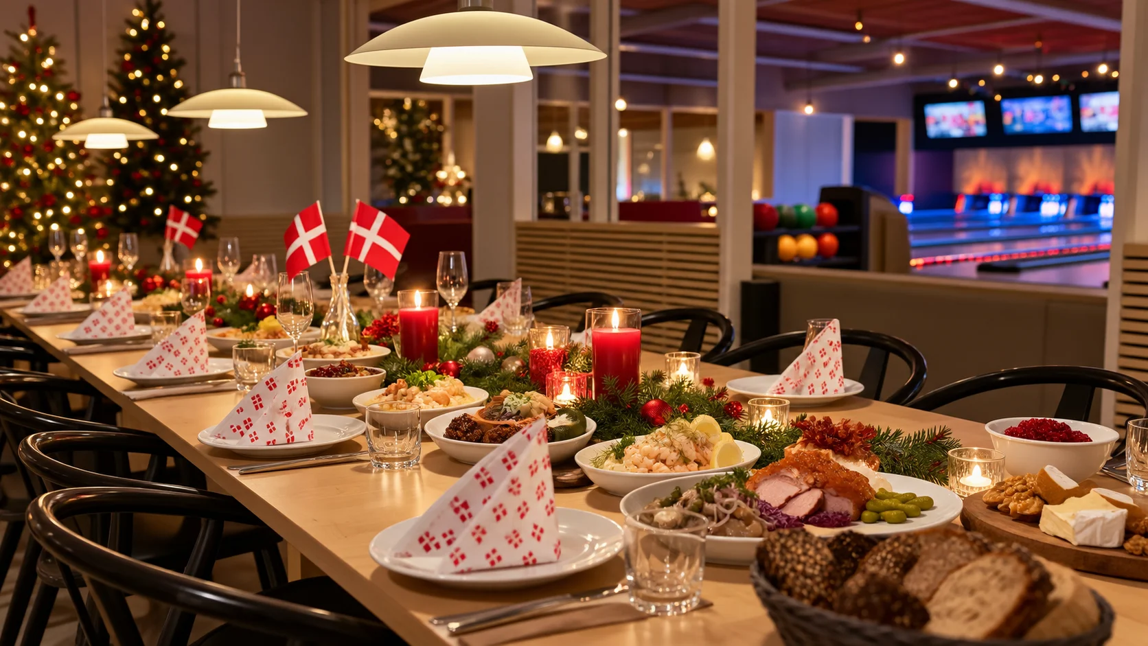Dækket julefrokostbord med danske flag, julelys og bowlingbaner i baggrunden hos Bowlerneshal