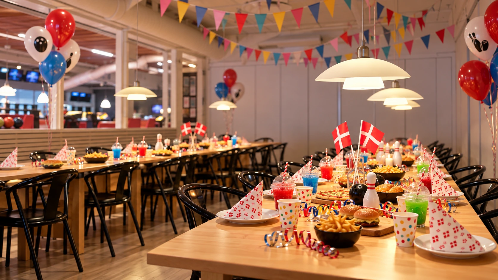 Dækket festbord med slush ice, pommes frites og flag til en børnefødselsdag i Bowlerneshal
